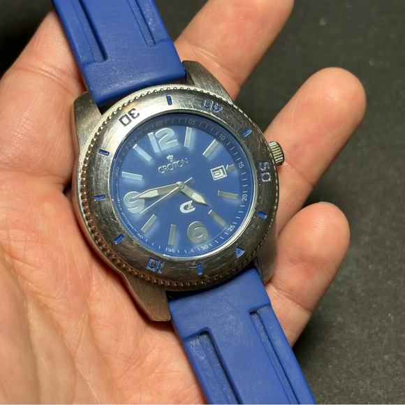 Croton C2X Mens Date Just Quartz Watch Silver Tone Blue Dial Rubber Strap Workin - Picture 1 of 9